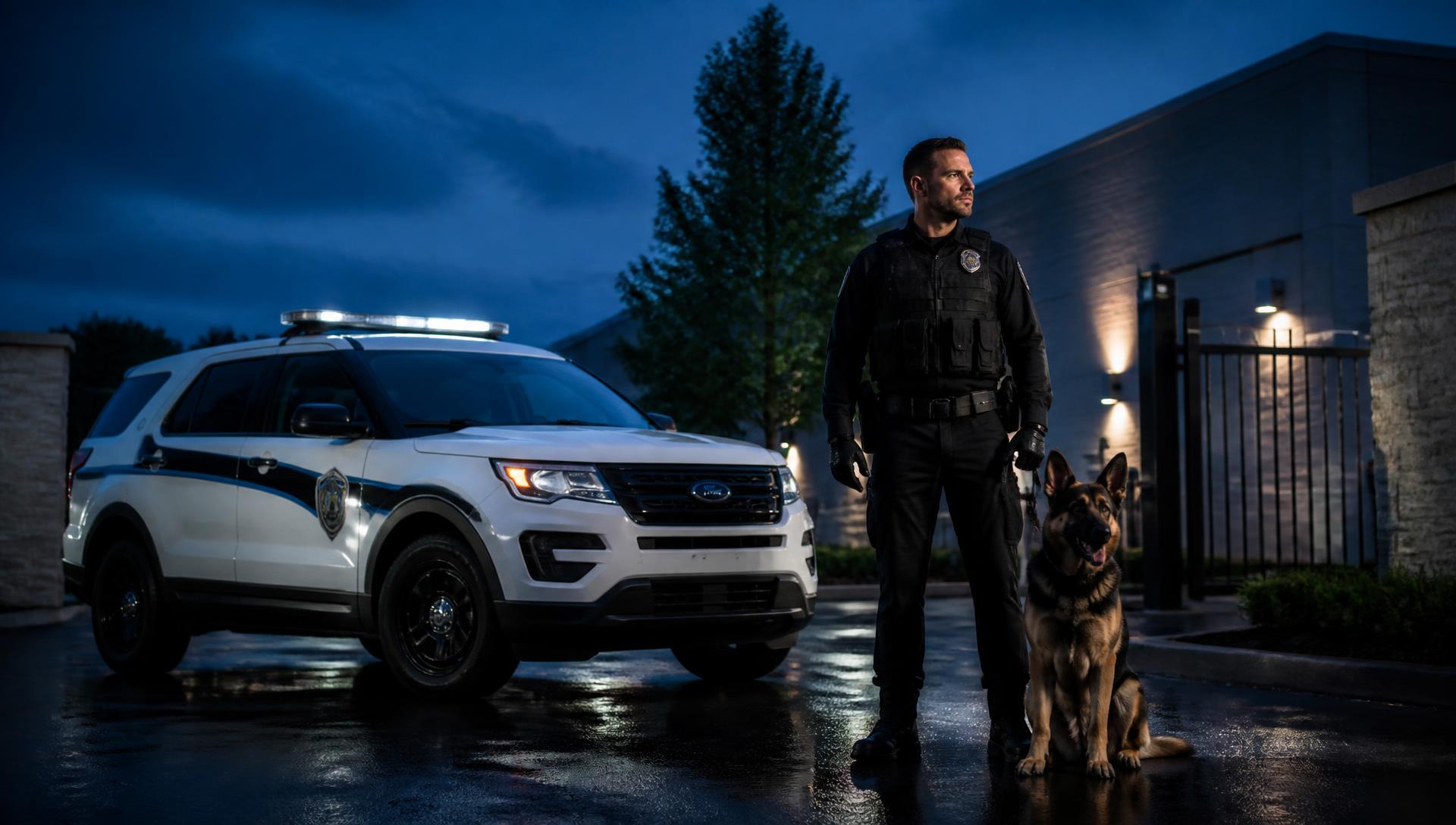 Security officer with a K-9 partner beside a marked patrol vehicle at dusk